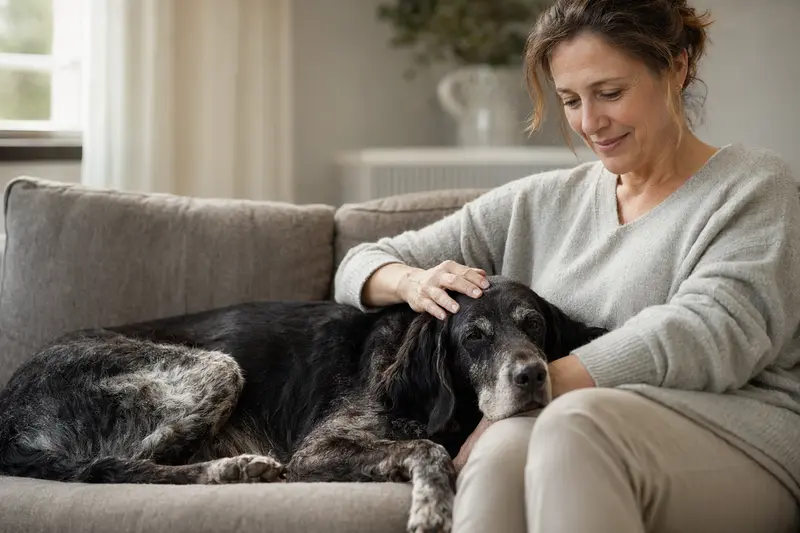Ein älterer Friesischer Vorstehhund entspannt auf einem Sofa, während sein Besitzer ihn liebevoll streichelt und eine warme Lichtstimmung erzeugt.