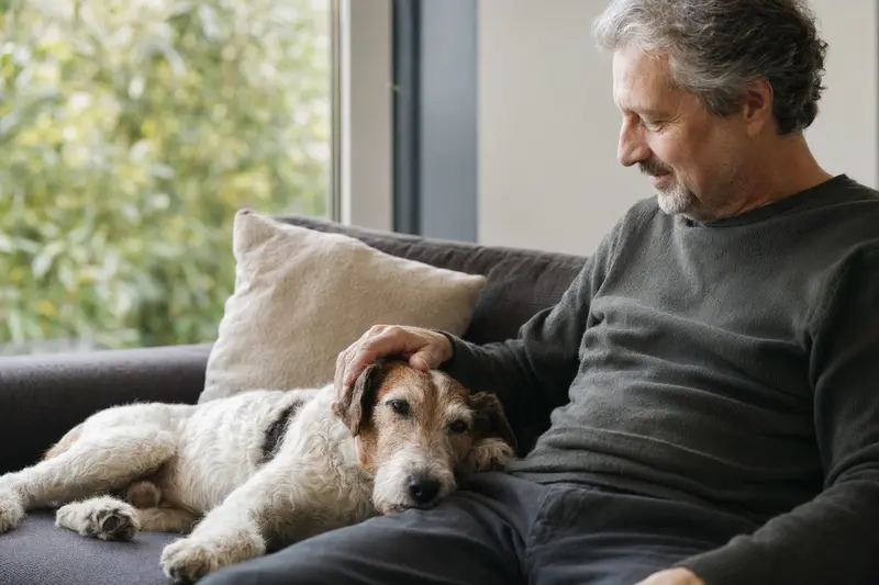 Ein älterer Glatthaar-Foxterrier liegt entspannt auf einem gemütlichen Sofa, während sein Besitzer ihn liebevoll streichelt.