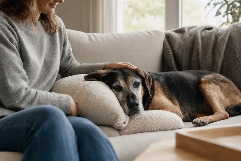 Ein älterer Gonczy Polski Hund liegt entspannt auf einem gemütlichen Sofa, während sein Besitzer ihn liebevoll streichelt.