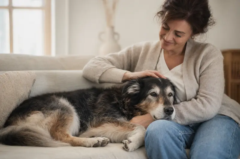 Ein älterer Goralenhund liegt entspannt auf einem Sofa, während sein Besitzer ihn streichelt.