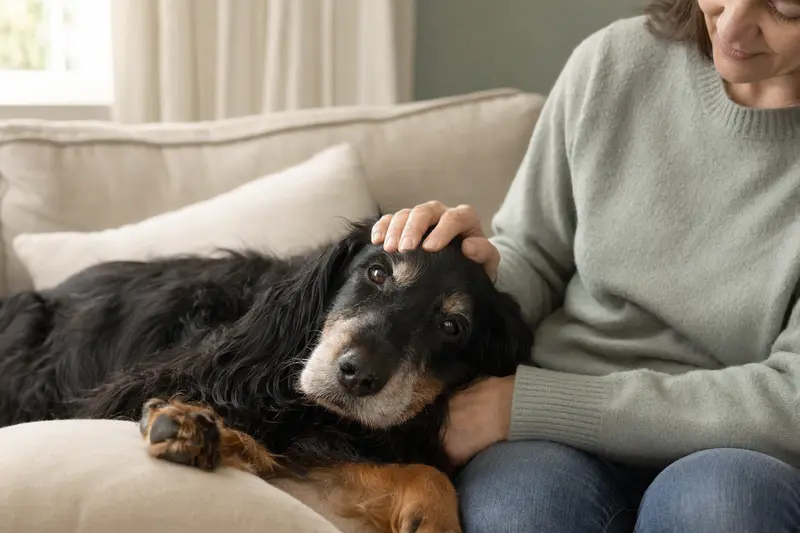 Ein älterer Gordon Setter Hund liegt entspannt auf einem gemütlichen Sofa, während sein Besitzer ihn liebevoll streichelt.