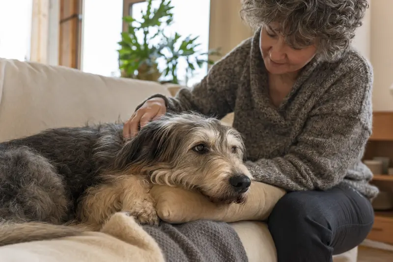 Ein älterer Gos d'Atura Català Hund ruht sich auf einem gemütlichen Sofa aus, während sein Besitzer ihn sanft streichelt.