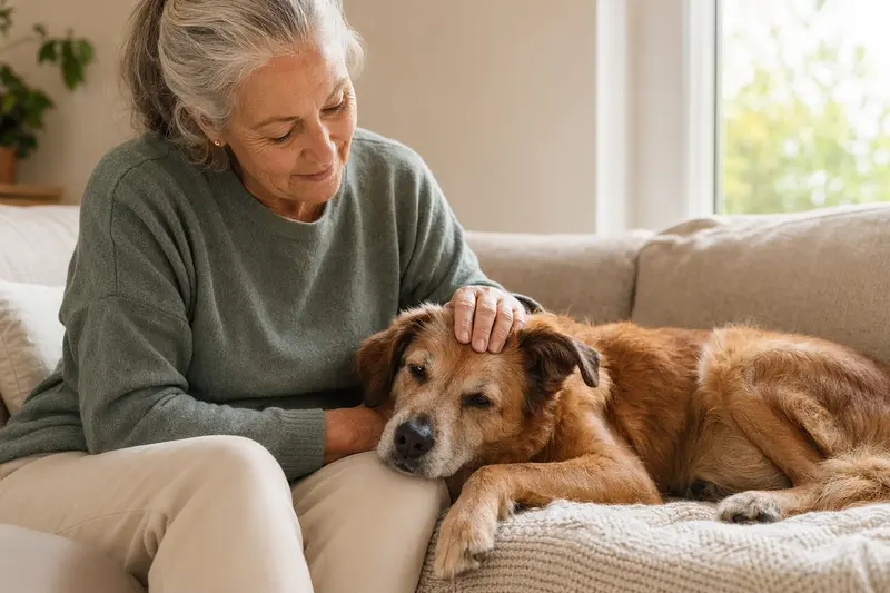 Älterer Gos Rater Valencia Hund entspannt auf dem Sofa, während sein Besitzer ihn liebevoll streichelt.