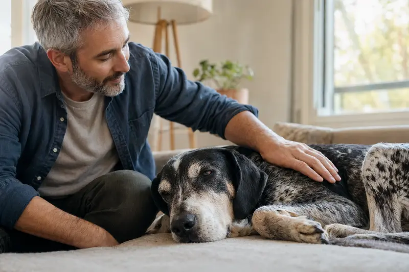 Ein älterer Grand Bleu de Gascogne Hund liegt entspannt auf einem Sofa, während sein Besitzer ihn liebevoll streichelt und eine warme Lichtstimmung im Raum herrscht.