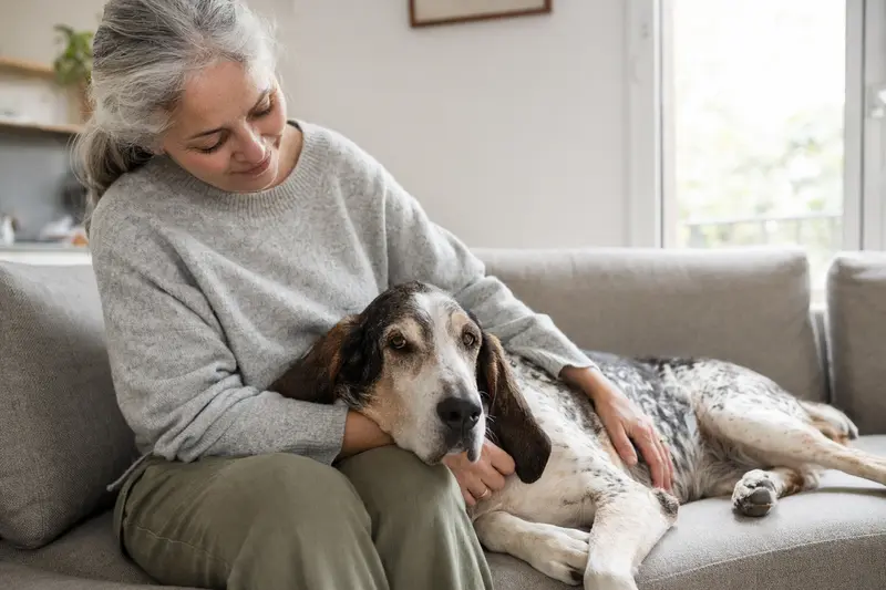 Ein älterer Grand Gascon Saintongeois Hund liegt entspannt auf einem Sofa, während sein Besitzer ihn liebevoll streichelt.