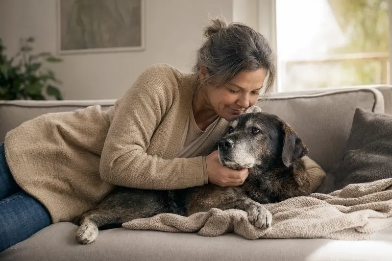 Ein älterer Great Japanese Dog liegt entspannt auf einem gemütlichen Sofa, während sein Besitzer ihn liebevoll streichelt.