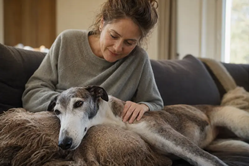 Ein älterer Greyhound liegt entspannt auf einem Sofa, während sein Besitzer ihn liebevoll streichelt.