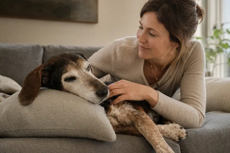Ein älterer Griechische Bracke Hund liegt entspannt auf einem gemütlichen Sofa, während sein Besitzer ihn liebevoll streichelt.