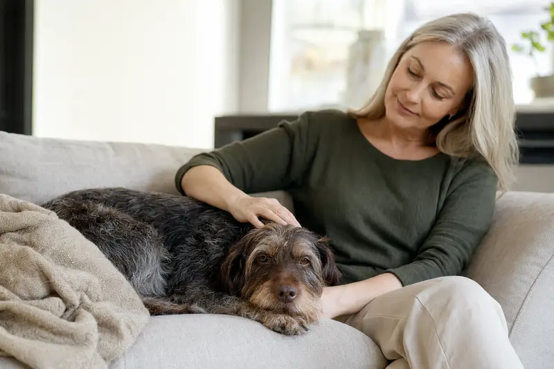 Ein älterer Griffon a Poil Dur Hund liegt entspannt auf einem Sofa, während sein Besitzer ihn liebevoll streichelt.