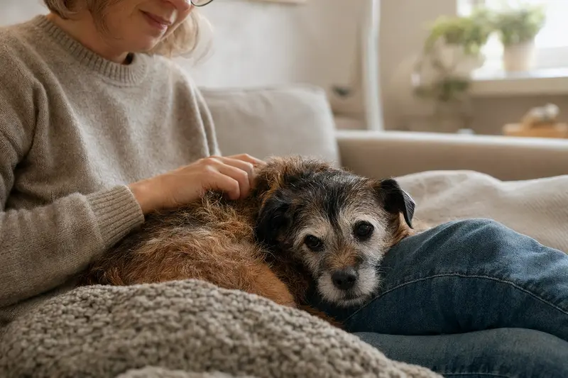 Ein älterer Griffon Belge Hund entspannt auf einem gemütlichen Sofa, während sein Besitzer ihn liebevoll streichelt.