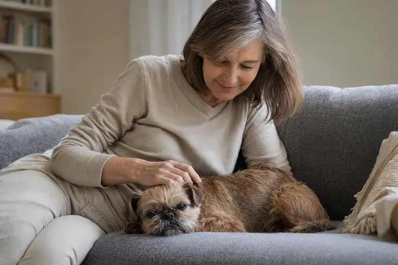 Ein älterer Griffon Bruxellois liegt entspannt auf einem Sofa, während sein Besitzer ihn liebevoll streichelt, was ein Gefühl von Fürsorge und Sicherheit vermittelt.