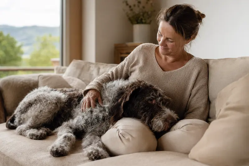 Ein älterer Griffon d'arrêt à poil dur Hund liegt entspannt auf einem Sofa, während sein Besitzer ihn liebevoll streichelt.