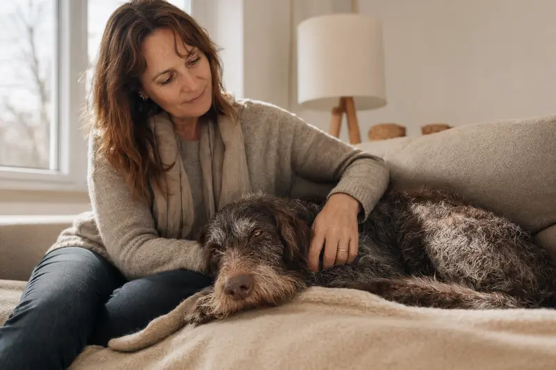 Ein älterer Griffon Korthals Hund liegt entspannt auf einem gemütlichen Sofa, während sein Besitzer ihn liebevoll streichelt.