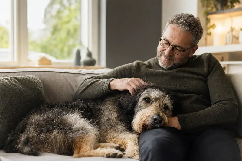 Ein älterer Griffon Nivernais Hund liegt entspannt auf einem gemütlichen Sofa, während sein Besitzer ihn liebevoll streichelt.