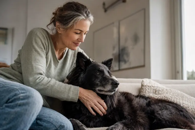 Ein älterer Groenendael Hund liegt entspannt auf einem Sofa, während sein Besitzer ihn liebevoll streichelt.