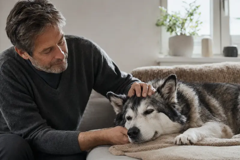 Ein älterer Grönlandhund liegt entspannt auf einem gemütlichen Sofa, während sein Besitzer ihn liebevoll streichelt.