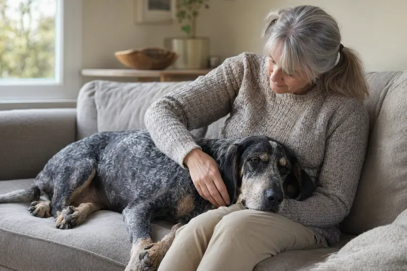 Ein älterer Großer Blauer Gascogner Laufhund liegt entspannt auf einem Sofa, während sein Besitzer ihn liebevoll streichelt.