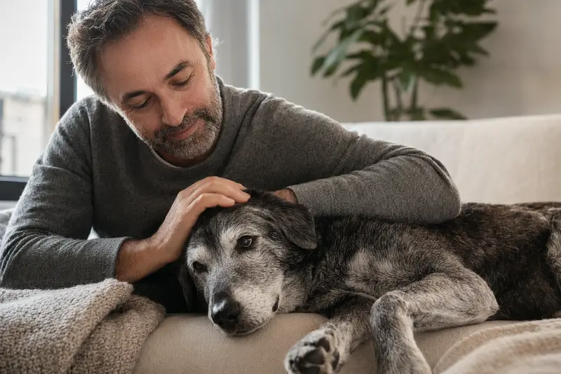 Ein älterer Großer Japanischer Hund liegt entspannt auf einem gemütlichen Sofa, während sein Besitzer ihn liebevoll streichelt.