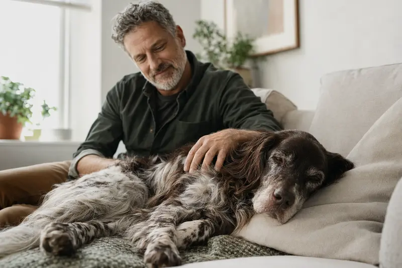 Ein entspannter Großer Münsterländer Hund wird von seinem Besitzer liebevoll auf dem Sofa gestreichelt.