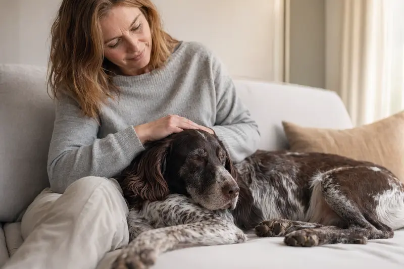 Älterer Großer Münsterländer liegt entspannt auf einem Sofa, während sein Besitzer ihn liebevoll streichelt.