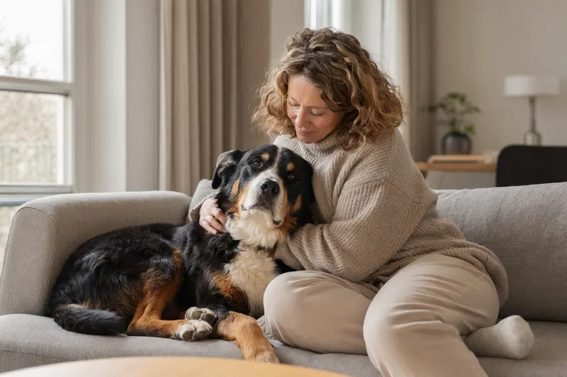 Ein älterer Großer Schweizer Sennenhund liegt entspannt auf einem gemütlichen Sofa, während sein Besitzer ihn liebevoll streichelt.