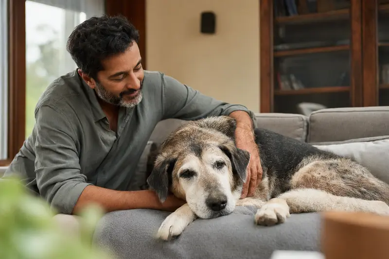 Ein älterer Gujjar Watchdog Hund liegt entspannt auf einem gemütlichen Sofa, während sein Besitzer ihn liebevoll streichelt.