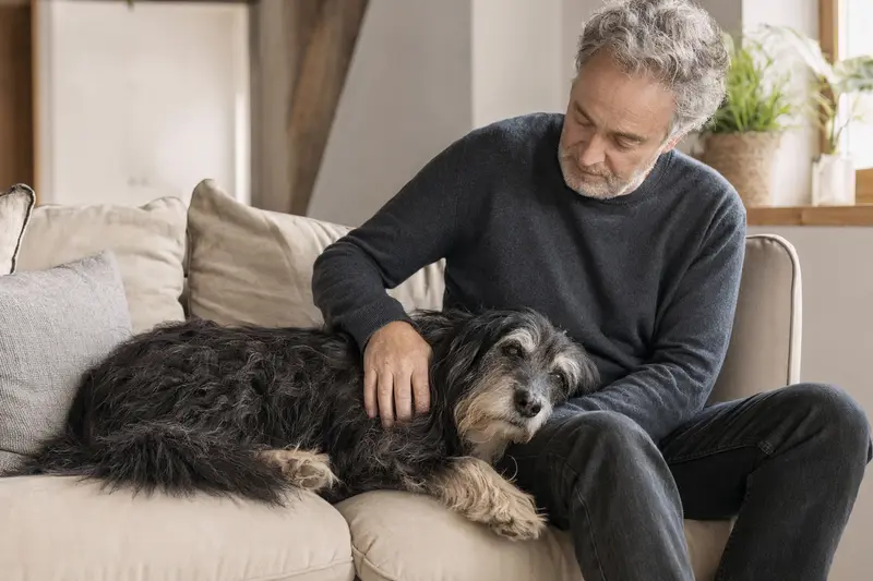 Ein älterer hairy Mou ed Collie Hund liegt entspannt auf einem Sofa, während sein Besitzer ihn liebevoll streichelt.