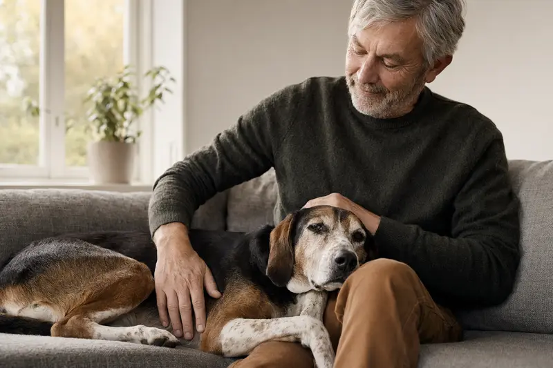 Ein älterer Halden-Stövare Hund liegt entspannt auf einem gemütlichen Sofa, während sein Besitzer ihn liebevoll streichelt.
