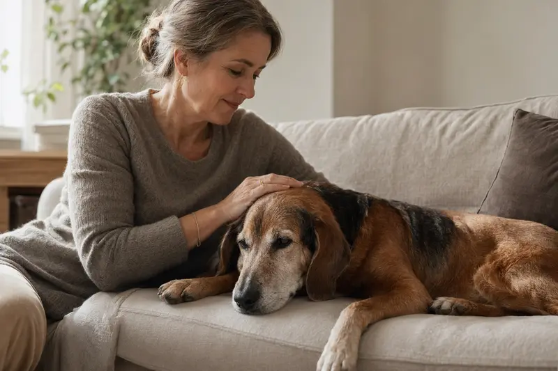 Ein älterer Haldenbracke Hund liegt entspannt auf einem Sofa, während sein Besitzer ihn liebevoll streichelt.