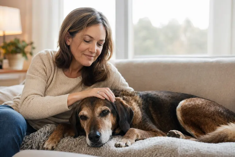Ein älterer Haldenlaufhund liegt entspannt auf einem Sofa, während sein Besitzer ihn liebevoll streichelt, was ein Gefühl von Fürsorge und Sicherheit vermittelt.