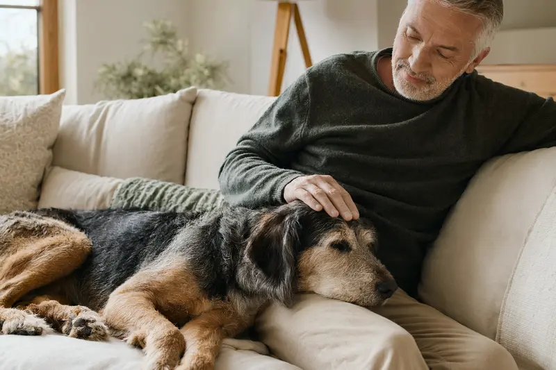 Ein älterer Haldenstoever Hund liegt entspannt auf einem gemütlichen Sofa, während sein Besitzer ihn liebevoll streichelt.