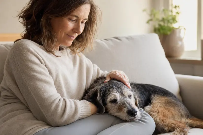 Ein älterer Haldenstover Hund entspannt auf einem gemütlichen Sofa, während sein Besitzer ihn liebevoll streichelt.