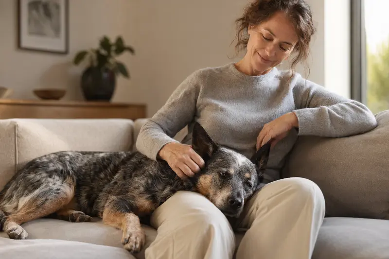 Ein älterer Australian Cattle Dog liegt entspannt auf dem Sofa, während sein Besitzer ihn liebevoll streichelt, in warmem, ruhigem Zuhause mit Gefühl von Fürsorge und Sicherheit.