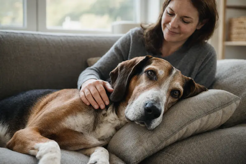Ein älterer Hamilton-Laufhund liegt entspannt auf einem gemütlichen Sofa, während sein Besitzer ihn liebevoll streichelt.
