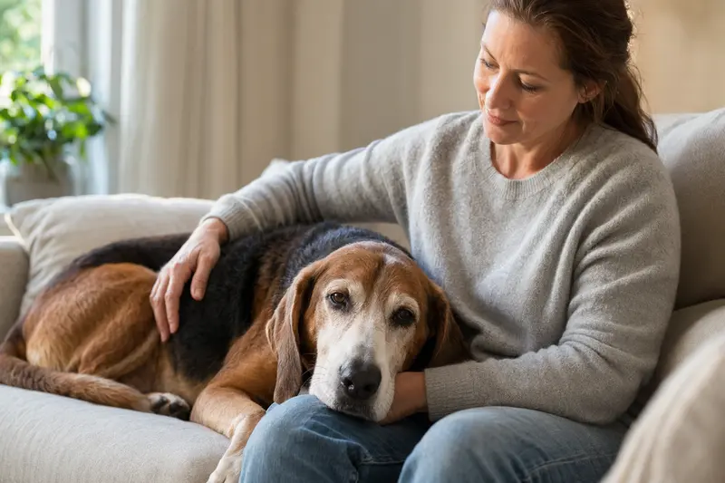 Ein älterer Hamiltonstövare Hund entspannt auf einem Sofa, während sein Besitzer ihn liebevoll streichelt und eine warme Lichtstimmung herrscht.