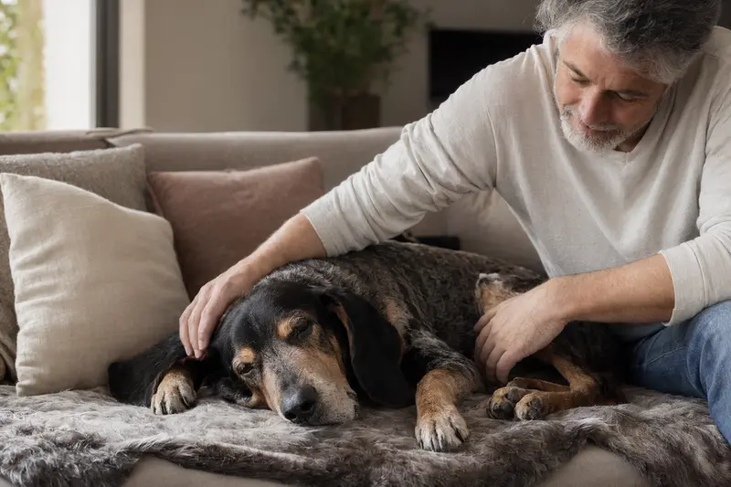 Ein älterer Hannoverscher Schweißhund entspannt auf einem gemütlichen Sofa, während sein Besitzer ihn liebevoll streichelt.