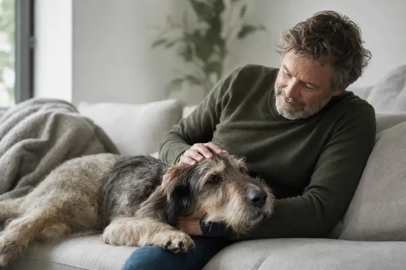 Ein älterer Haut-Poitou Hund liegt entspannt auf einem Sofa, während sein Besitzer ihn liebevoll streichelt.