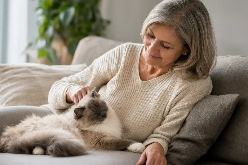 Eine ältere Heilige Birma Katze liegt entspannt auf einem Sofa, während ihr Besitzer sie liebevoll streichelt.