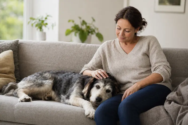 Ein älterer Hellenikos Ichnilatis Hund liegt entspannt auf einem Sofa, während sein Besitzer ihn liebevoll streichelt.