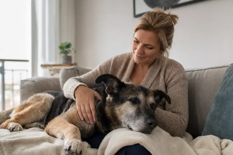 Ein älterer Herder Hund entspannt auf einem Sofa, während sein Besitzer ihn liebevoll streichelt und eine warme, ruhige Atmosphäre schafft.
