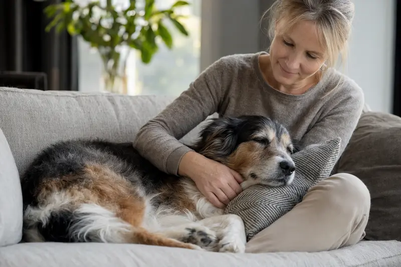 Ein entspannter Highland Collie wird liebevoll von seinem Besitzer auf einem gemütlichen Sofa gestreichelt.