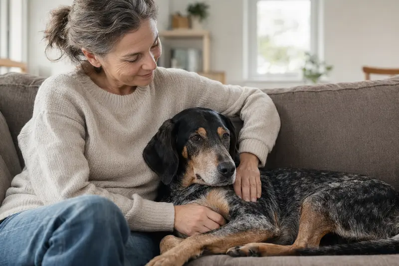 Ein älterer Hochgebirgsbracke-Hund liegt entspannt auf einem gemütlichen Sofa, während sein Besitzer ihn liebevoll streichelt.