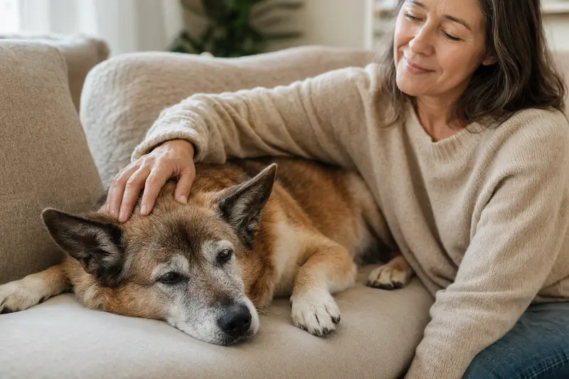 Ein älterer Hokkaido Hund entspannt auf dem Sofa, während sein Besitzer ihn liebevoll streichelt und eine warme Lichtstimmung herrscht.