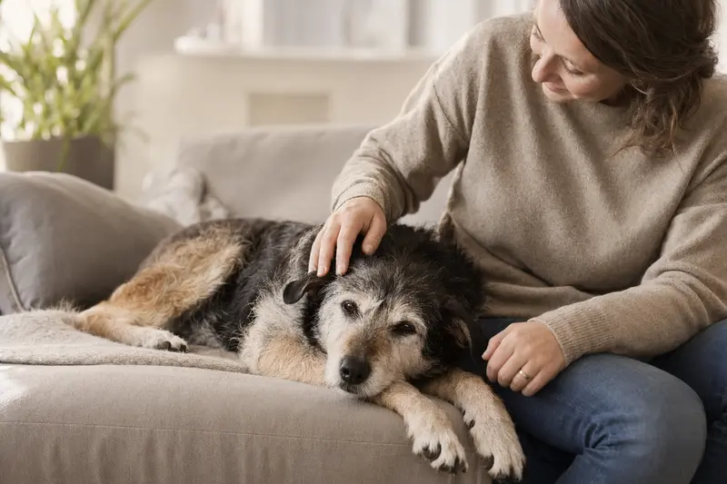 Ein älterer Holländischer Rattler Hund liegt entspannt auf einem gemütlichen Sofa, während sein Besitzer ihn liebevoll streichelt und eine warme Lichtstimmung vermittelt.