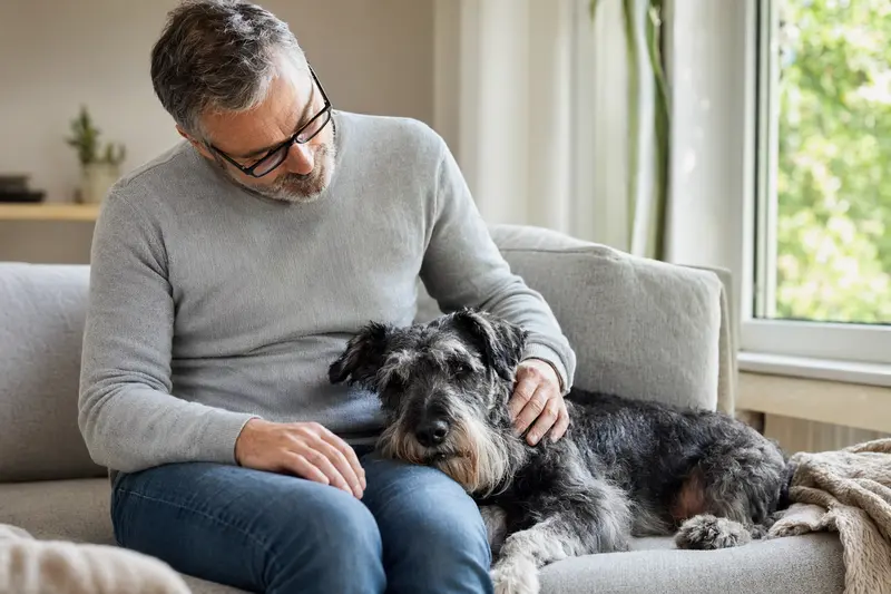 Ein älterer Holländischer Schnauzer liegt entspannt auf einem Sofa, während sein Besitzer liebevoll ihn streichelt.