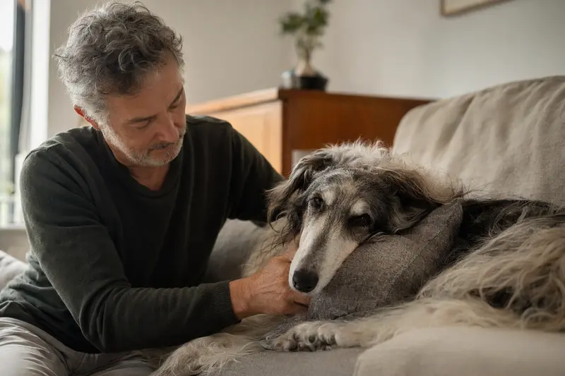 Ein älterer Hortaya Borzaya Hund liegt entspannt auf einem gemütlichen Sofa, während sein Besitzer ihn liebevoll streichelt.