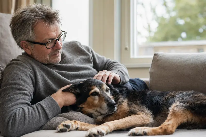 Älterer Hund liegt entspannt auf einem Sofa, während sein Besitzer ihn liebevoll streichelt – ein Bild von Fürsorge, Ruhe und Sicherheit im Zuhause.