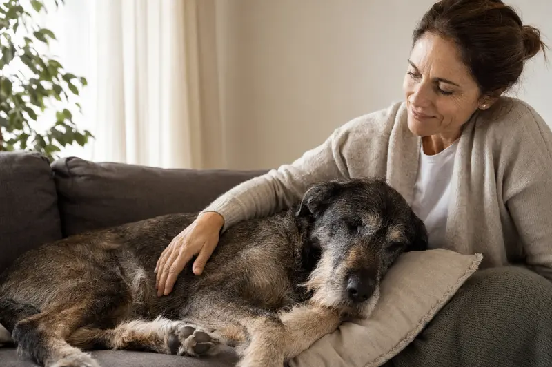 Ein älterer Hruborsty Stavac Slovensky Hund liegt entspannt auf einem Sofa, während sein Besitzer ihn liebevoll streichelt.