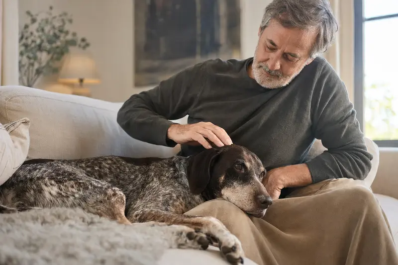 Ein älterer Hubertushund liegt entspannt auf einem gemütlichen Sofa, während sein Besitzer ihn liebevoll streichelt.