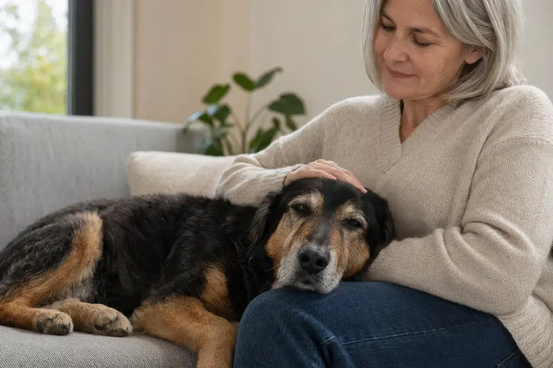 Ein älterer Huntaway Hund liegt entspannt auf einem Sofa, während sein Besitzer ihn liebevoll streichelt.